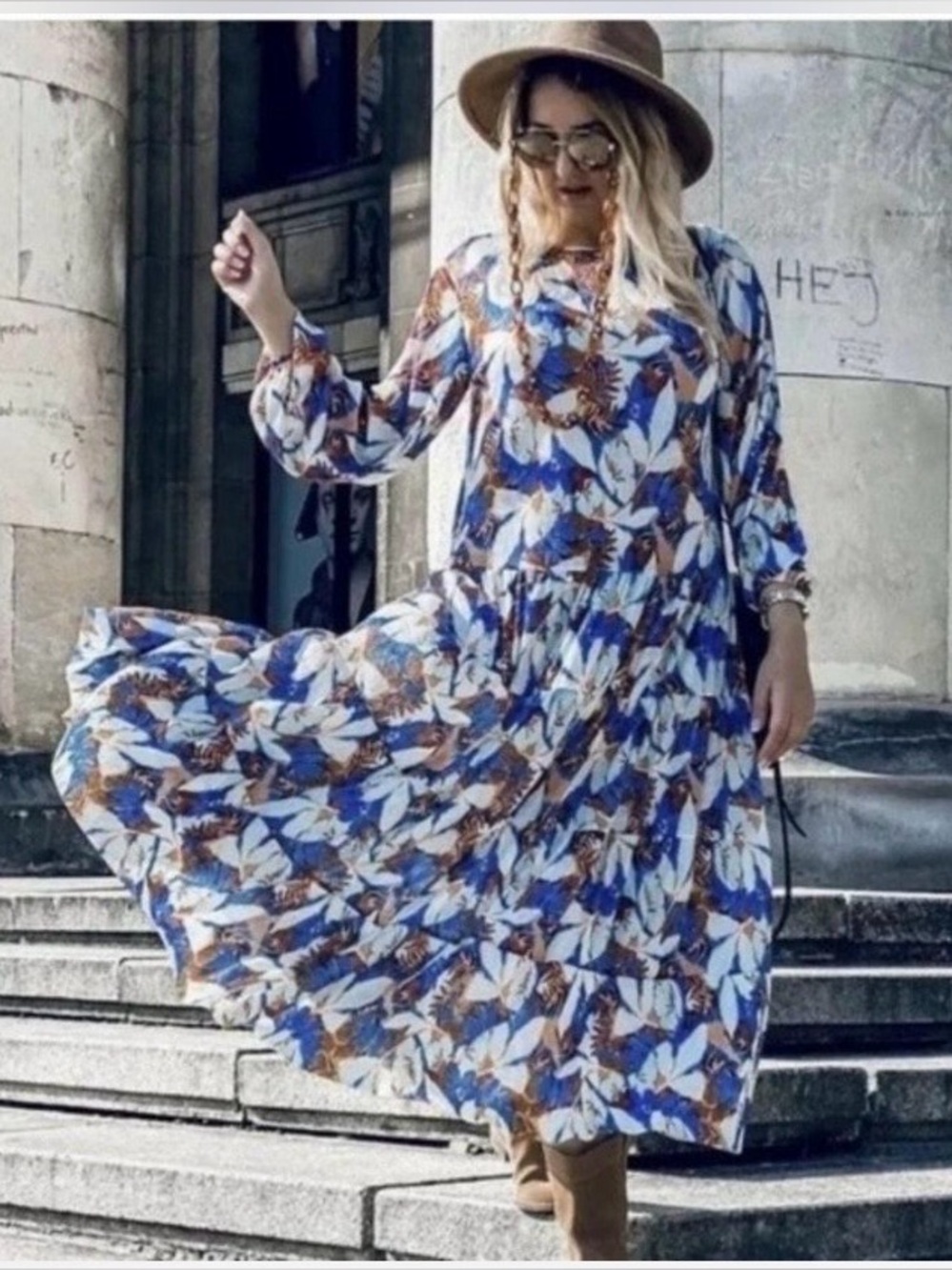 Zara Maxi Dress Flowy Floral Boho Blue Brown Cream Large Long Sleeve